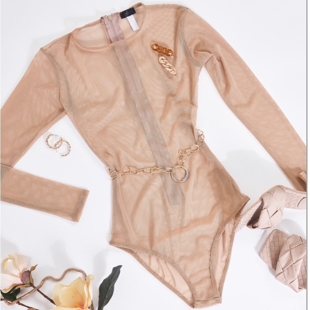 Nude Sexy Fine Fishnet Sheer Mesh Crew Neck Long